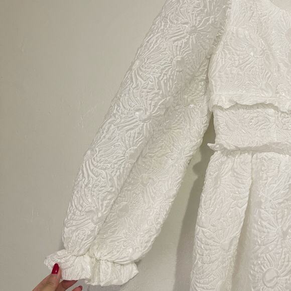 SHRIMPS Floral Jacquard Babydoll Silk Blend Mini Dress in White Size UK 12/ US 8 - Picture 6 of 15